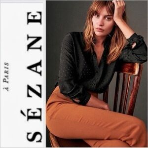 Sezane Ann Silk Black Subtle Polka Dot Pattern Button Front Blouse Size 44